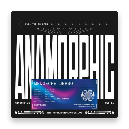 Anamorphic coffee packaging with brand name and product details on a black background