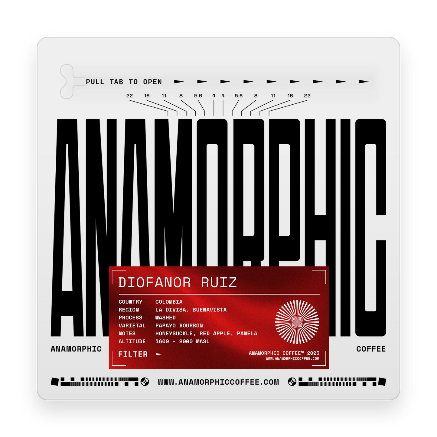 Anamorphic coffee packaging with black text and a red label on a white background