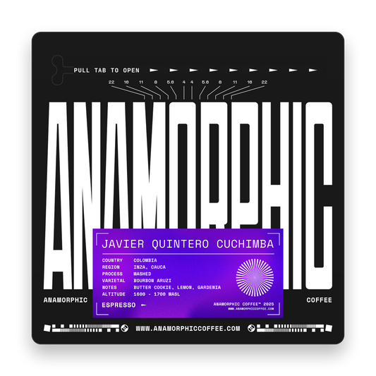 Anamorphic coffee packaging with brand name and product details on a black background