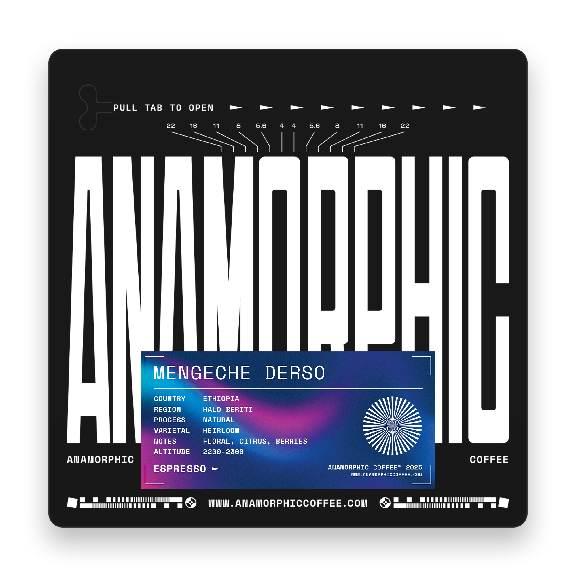 Anamorphic coffee packaging with brand name and product details on a black background