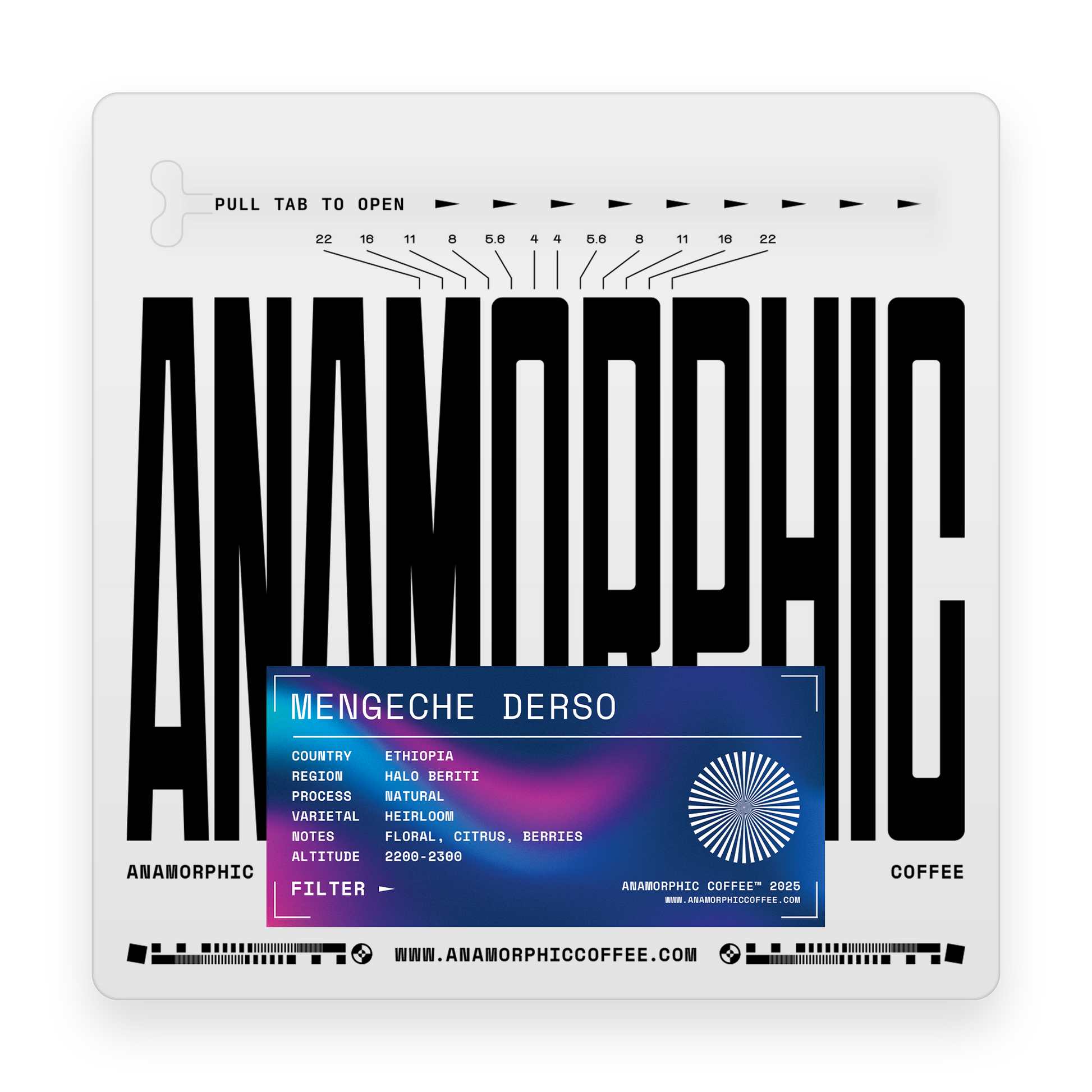 Anamorphic coffee package with black text and a blue label on a white background