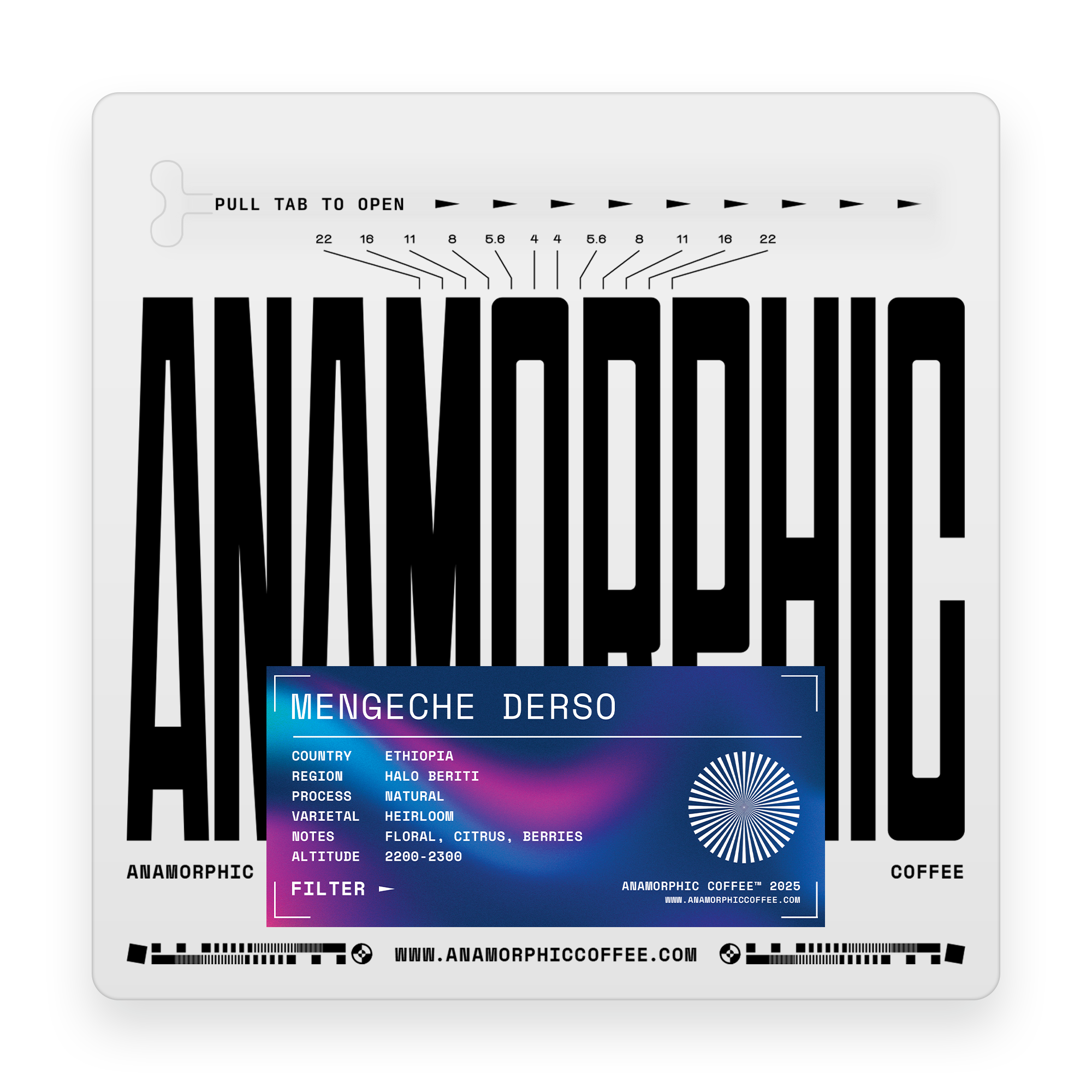 Anamorphic coffee package with black text and a blue label on a white background