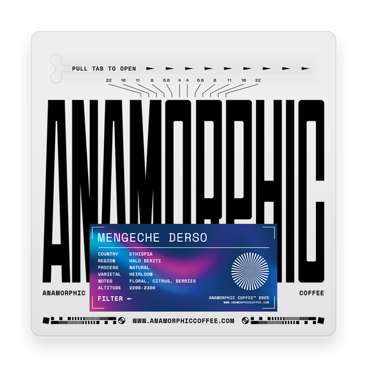 Anamorphic coffee package with black text and a blue label on a white background