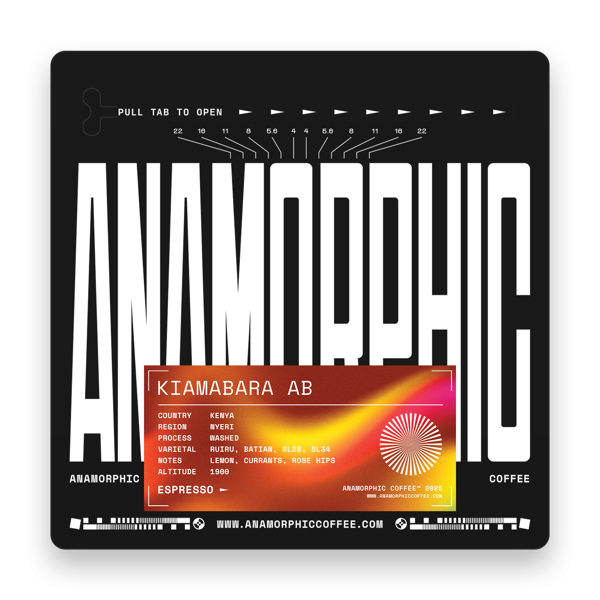 Anamorphic coffee packaging with black and orange design