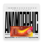 Anamorphic coffee package with black text and an orange label on a white background