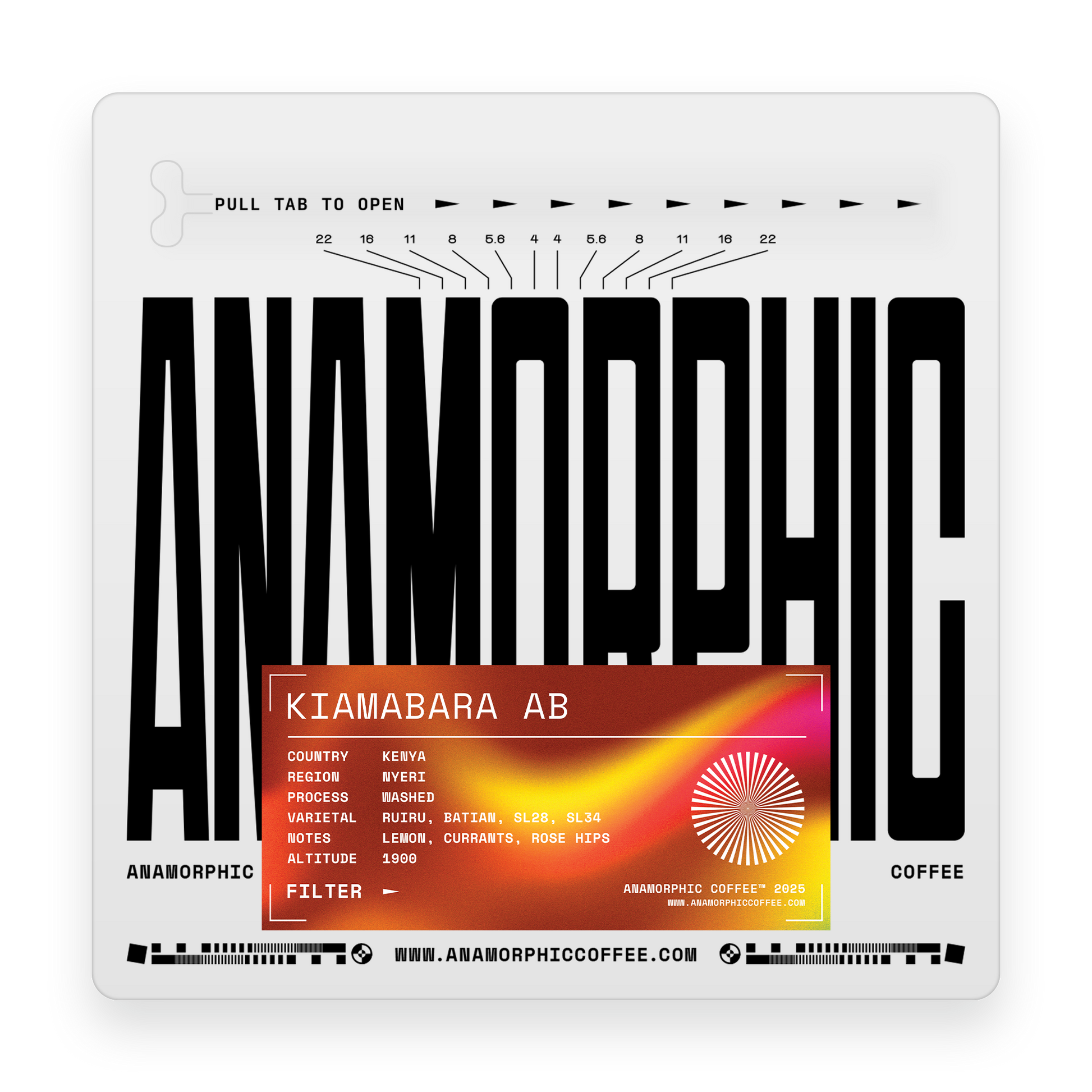Anamorphic coffee package with black text and an orange label on a white background