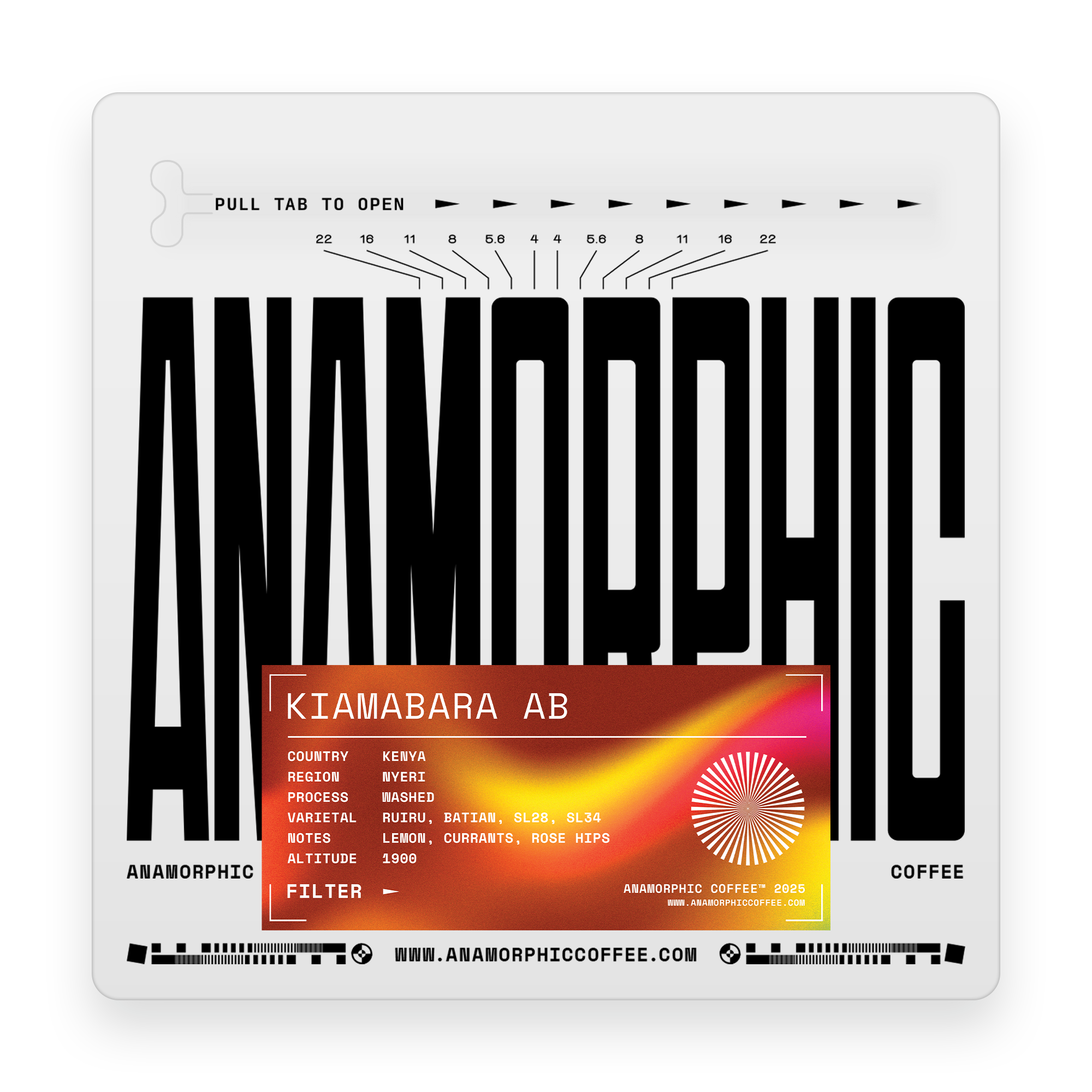Anamorphic coffee package with black text and an orange label on a white background
