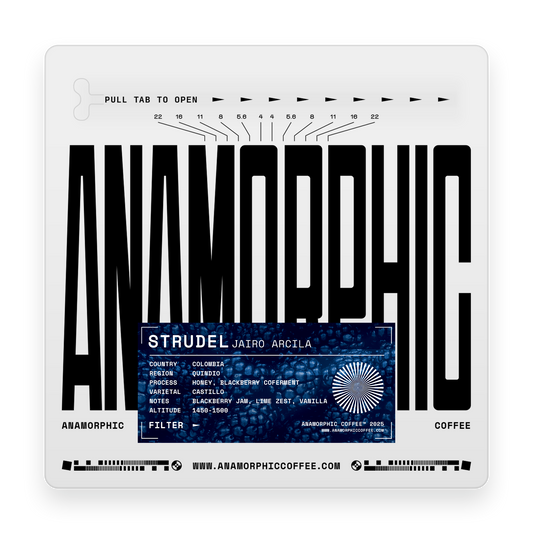 Anamorphic coffee package with branding and product details on a white background