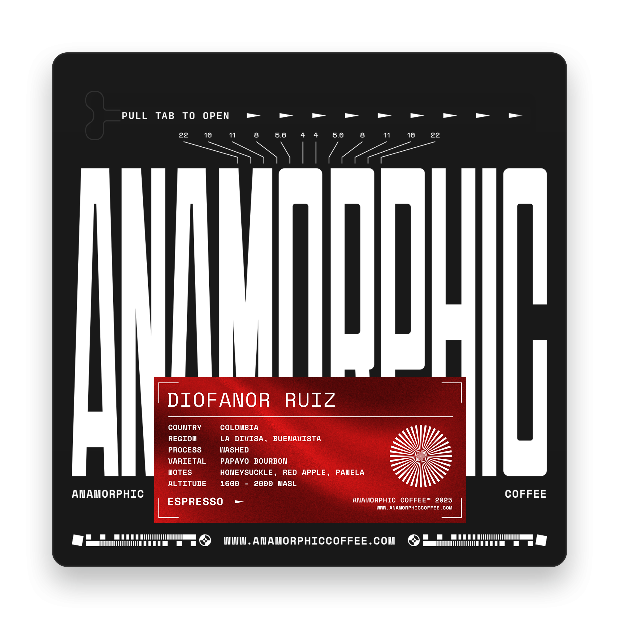 Anamorphic coffee packaging with brand name and product details on a black background