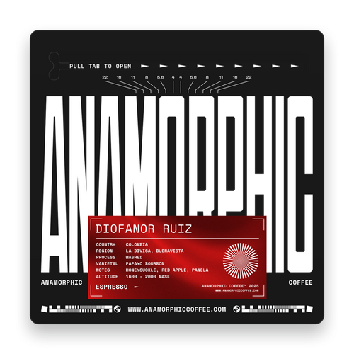 Anamorphic coffee packaging with brand name and product details on a black background