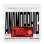 Anamorphic coffee packaging with black text and a red label on a white background