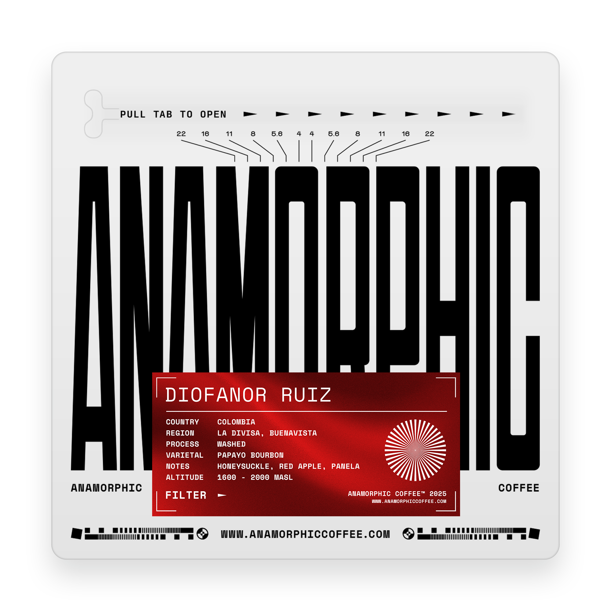 Anamorphic coffee packaging with black text and a red label on a white background