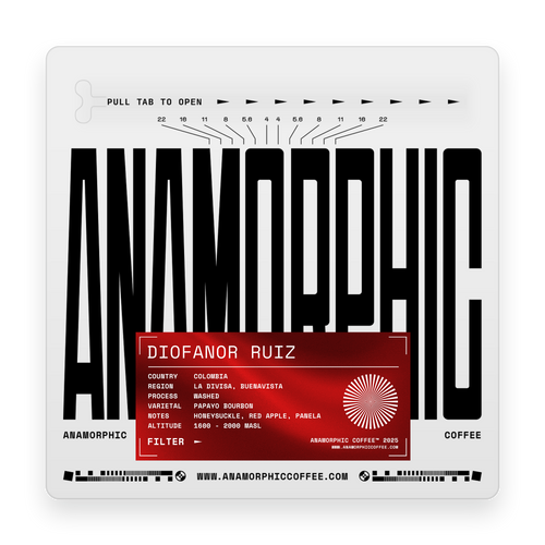 Anamorphic coffee packaging with black text and a red label on a white background