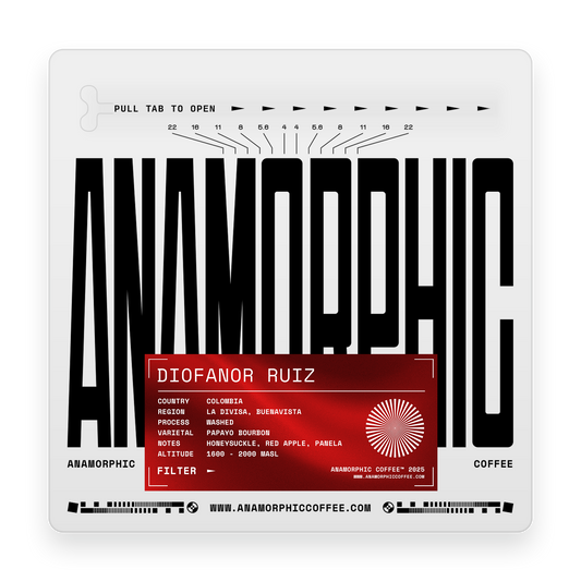 Anamorphic coffee packaging with black text and a red label on a white background