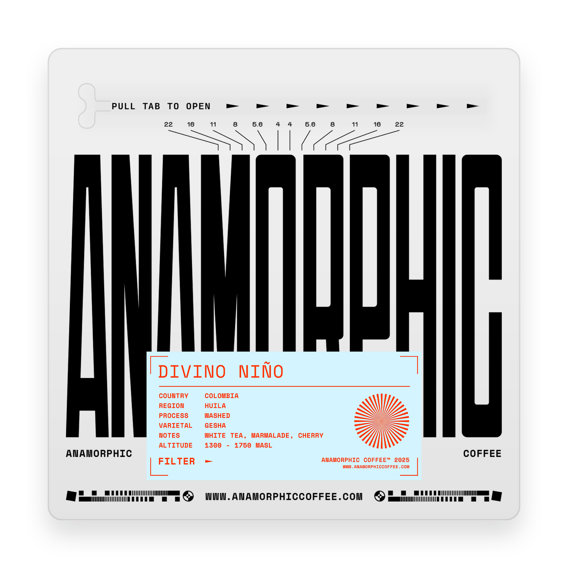 Anamorphic coffee packaging with black text and a white background