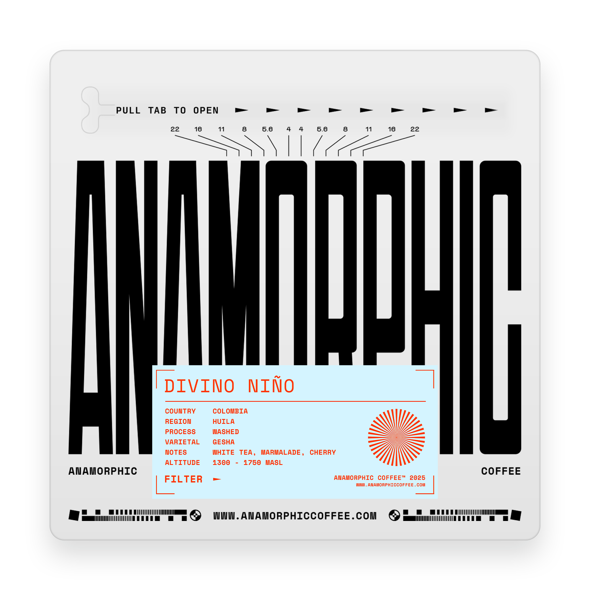 Anamorphic coffee packaging with black text and a white background