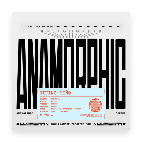 Anamorphic coffee packaging with black text and a white background