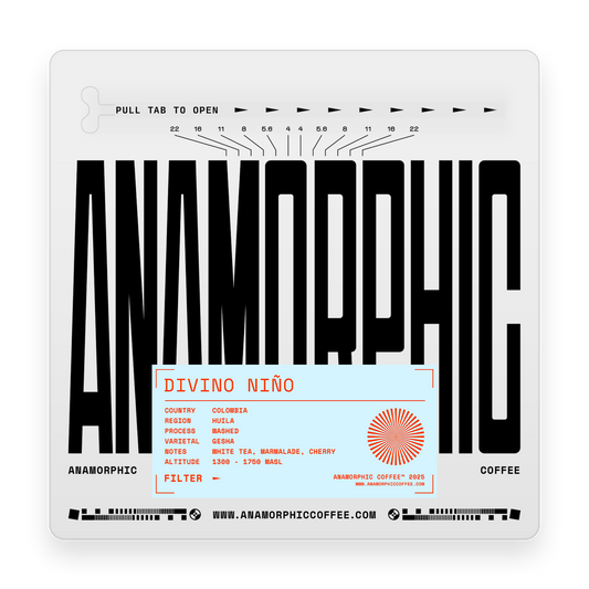 Anamorphic coffee packaging with black text and a white background