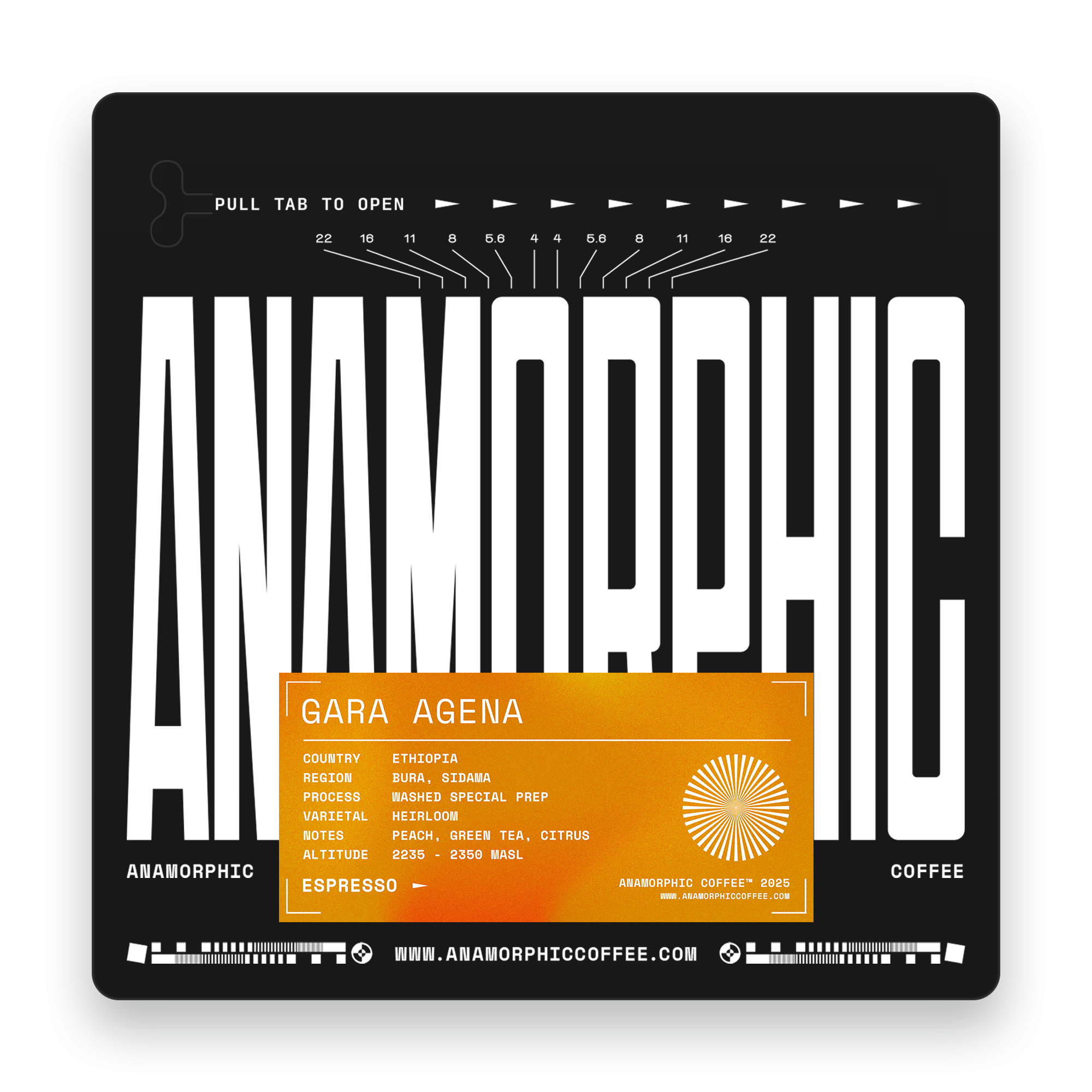 Anamorphic coffee packaging with brand name and product details on a black background