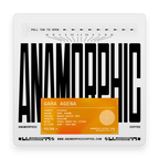 Anamorphic coffee packaging with black text and an orange label on a white background