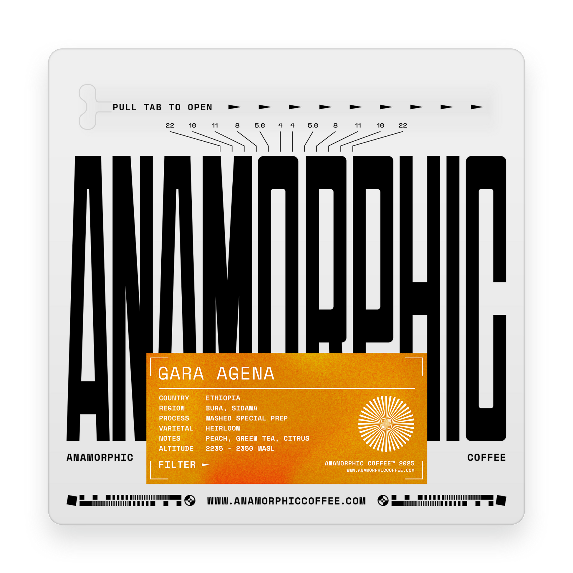 Anamorphic coffee packaging with black text and an orange label on a white background