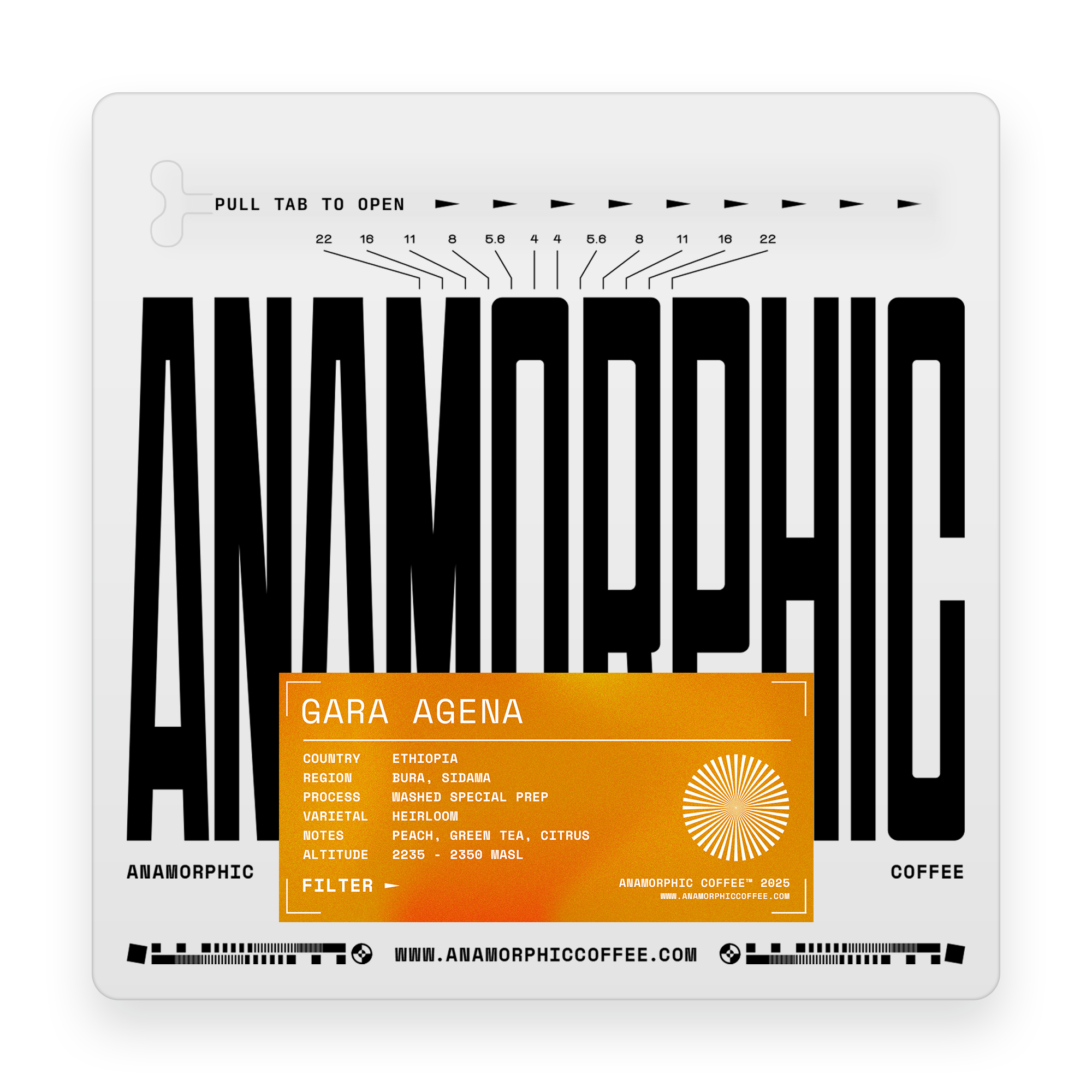 Anamorphic coffee packaging with black text and an orange label on a white background