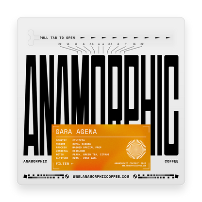 Anamorphic coffee packaging with black text and an orange label on a white background