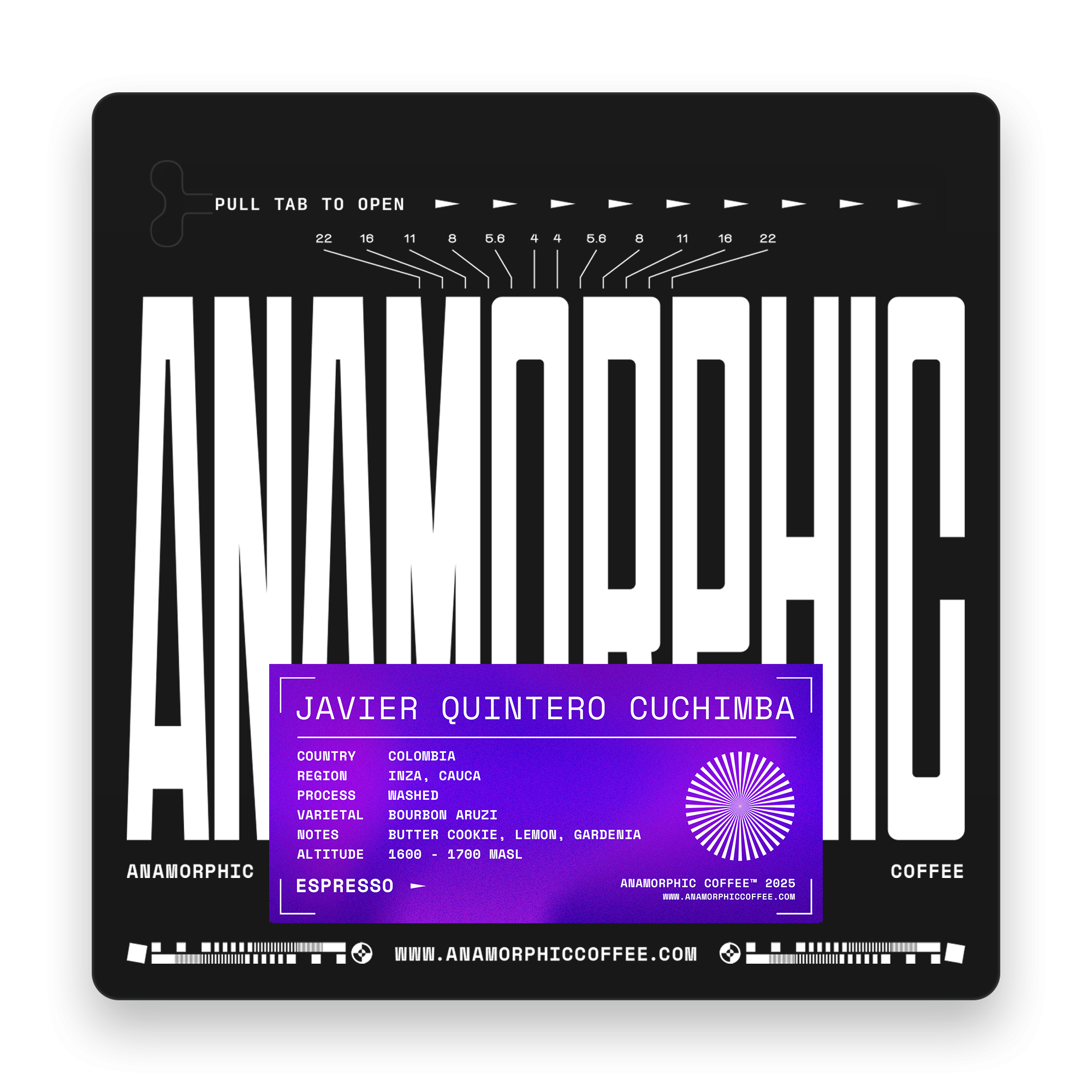 Anamorphic coffee packaging with brand name and product details on a black background