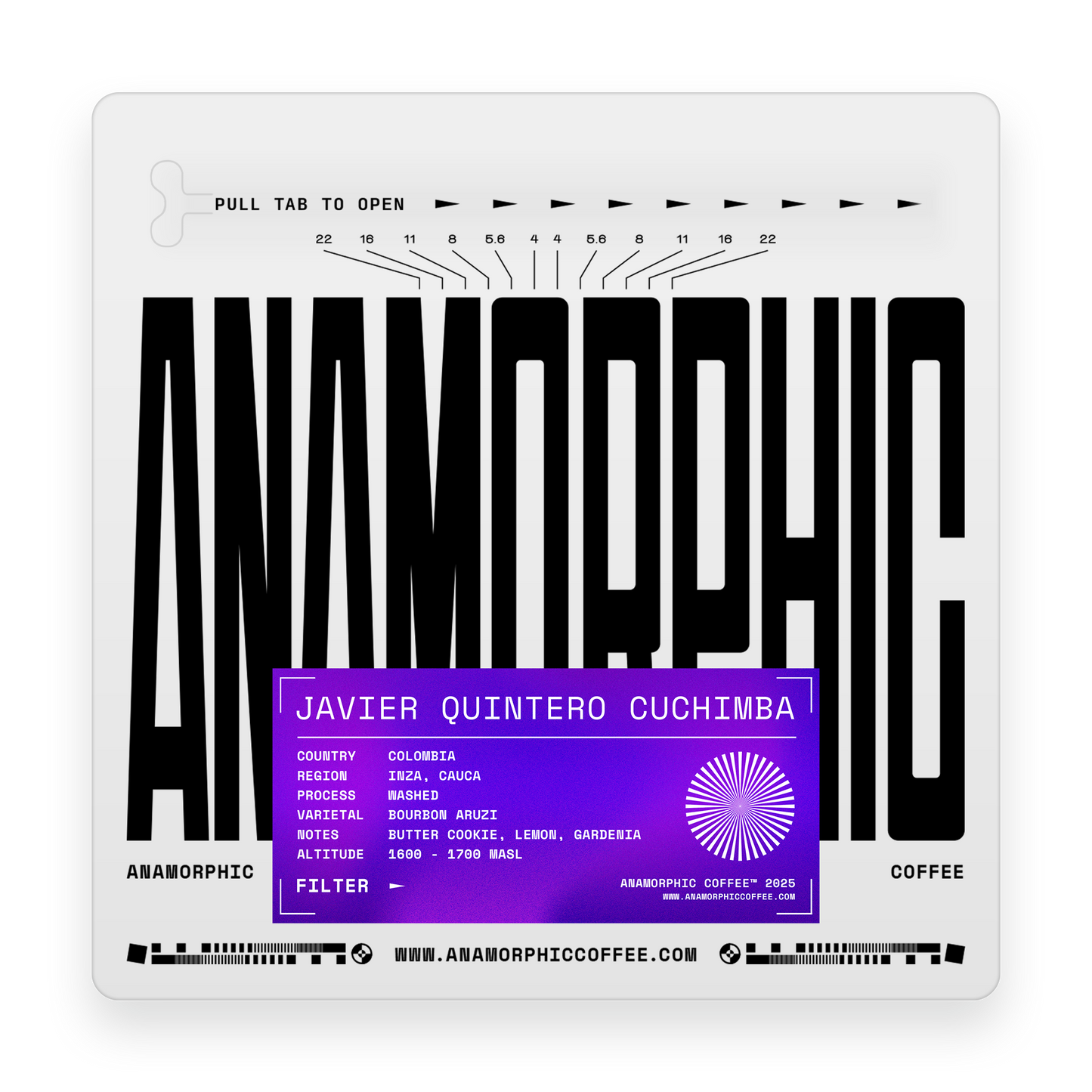 Anamorphic coffee packaging with black text and a purple label on a white background