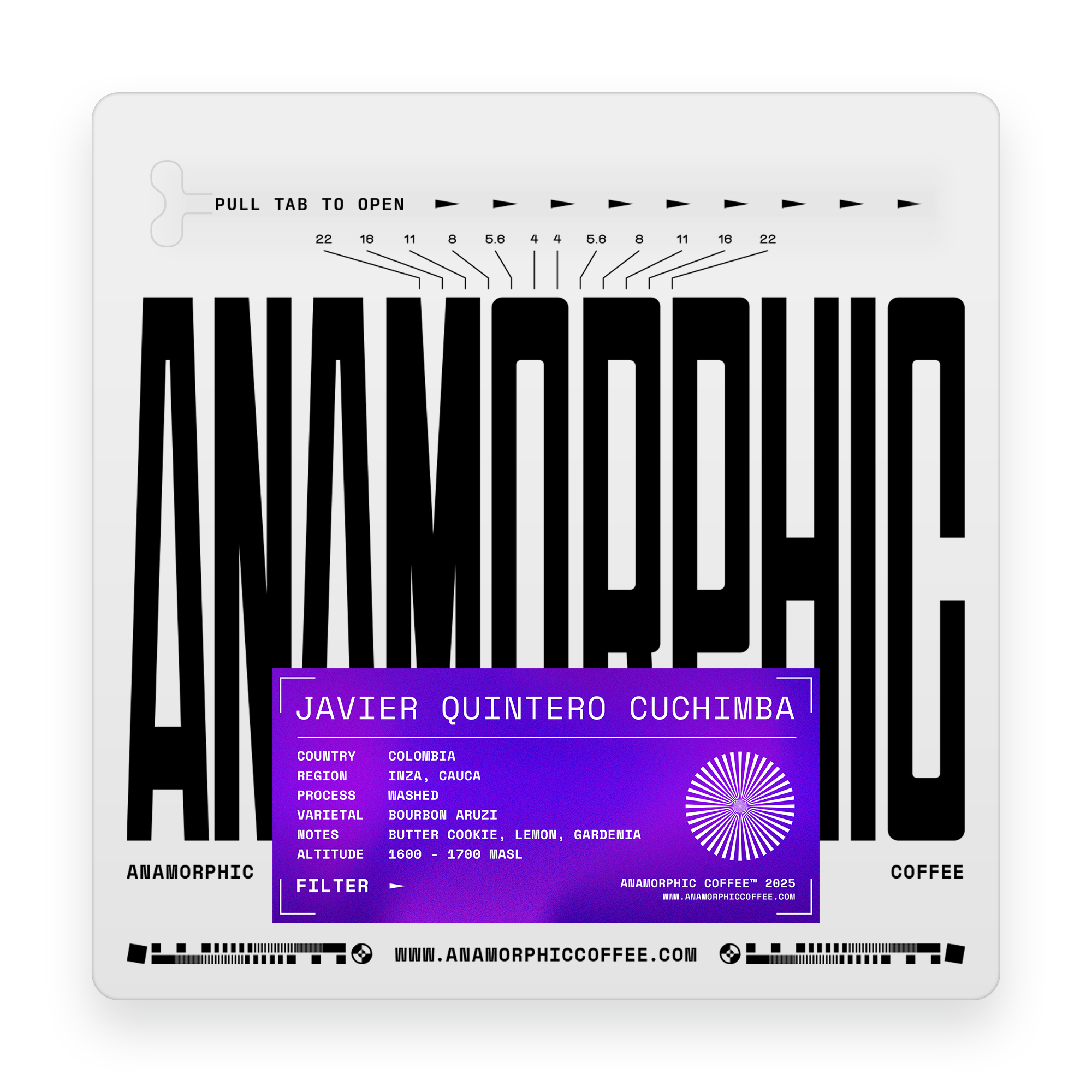 Anamorphic coffee packaging with black text and a purple label on a white background