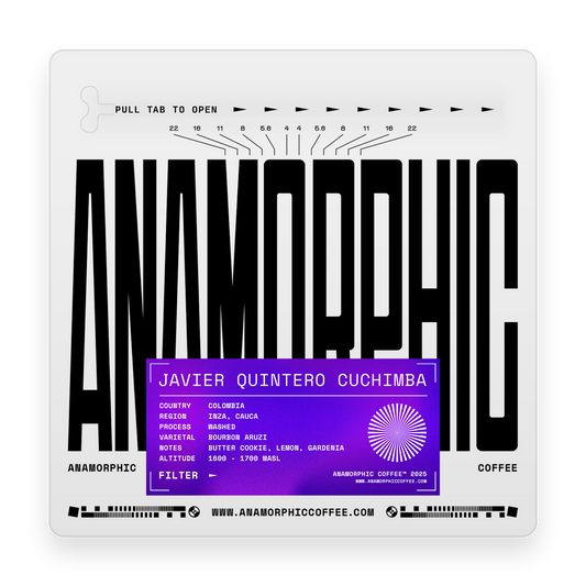 Anamorphic coffee packaging with black text and a purple label on a white background